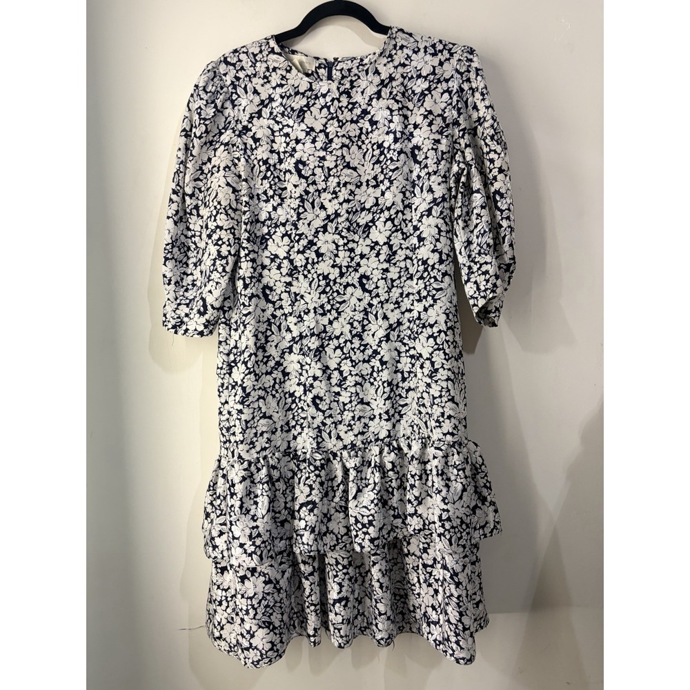 Vintage Samantha Stevens Floral Dress Navy White Tiered Balloon Sleeve Sz 14